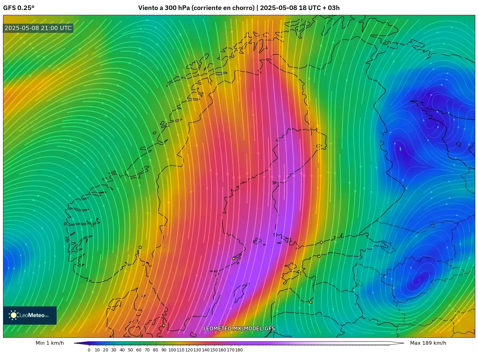 GFS - Escandinavia, Viento a 300 hPa (corriente en chorro) GFS - Escandinavia, Viento a 300 hPa (corriente en chorro)