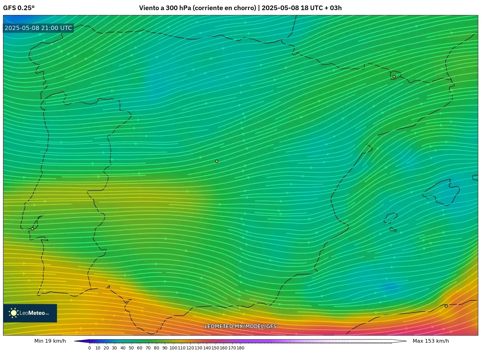 GFS - España, Viento a 300 hPa (corriente en chorro) GFS - España, Viento a 300 hPa (corriente en chorro)