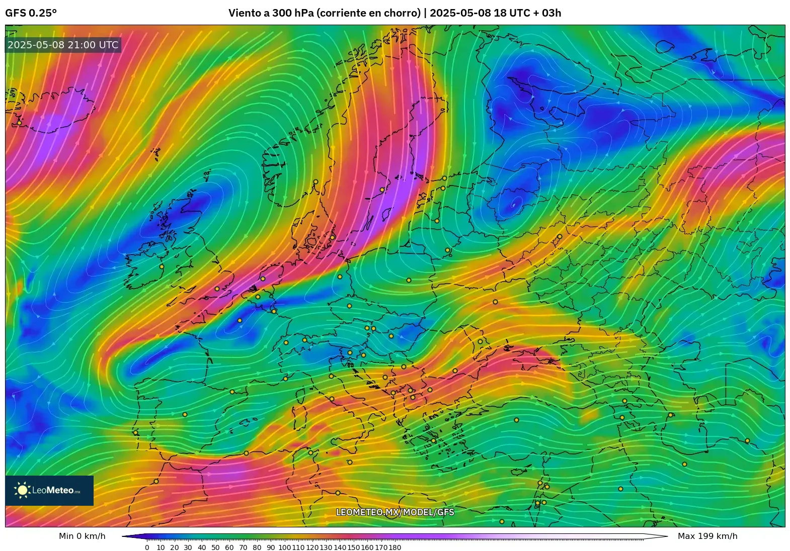 GFS - Europa, Viento a 300 hPa (corriente en chorro)