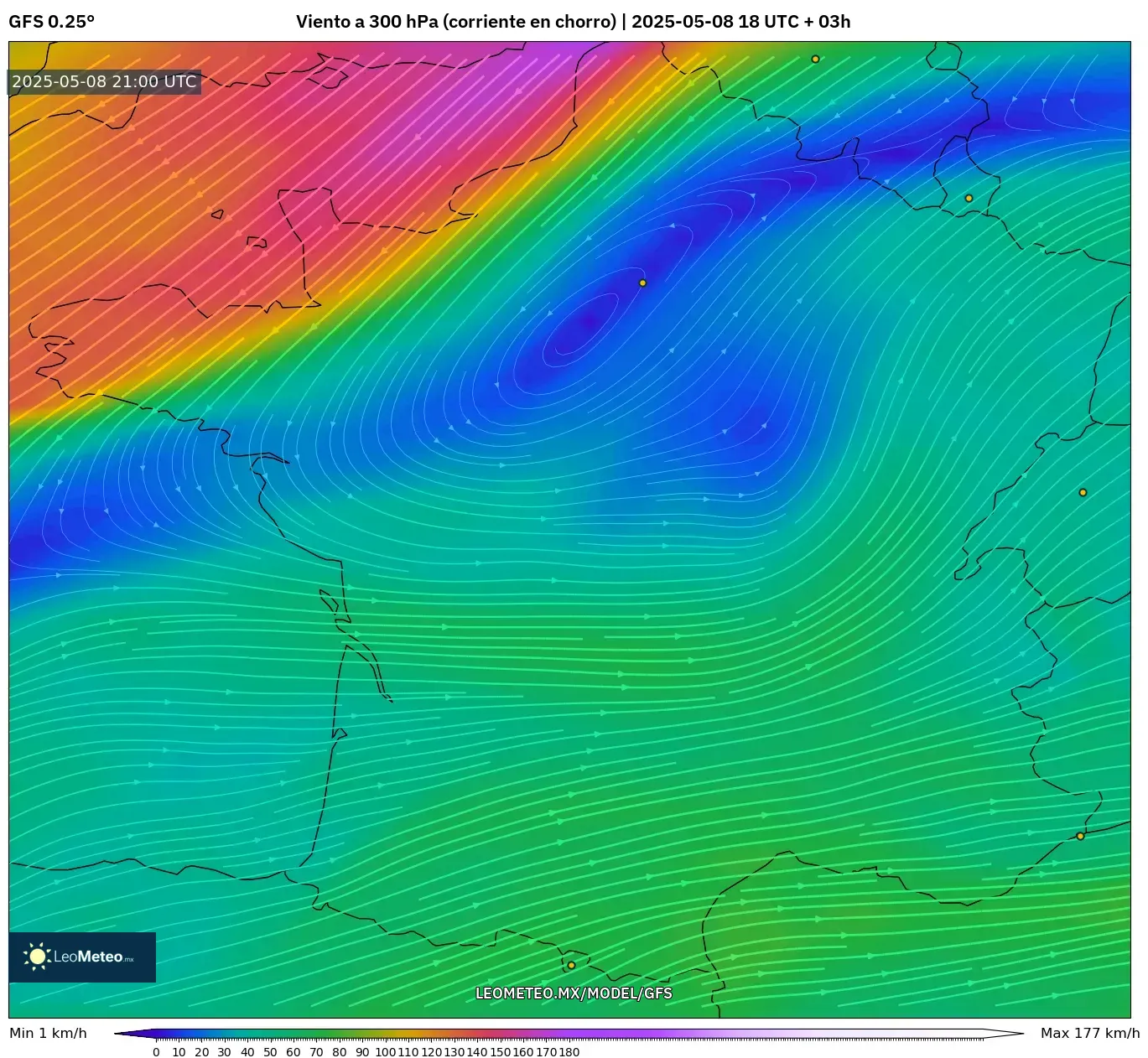 GFS - Francia, Viento a 300 hPa (corriente en chorro) GFS - Francia, Viento a 300 hPa (corriente en chorro)