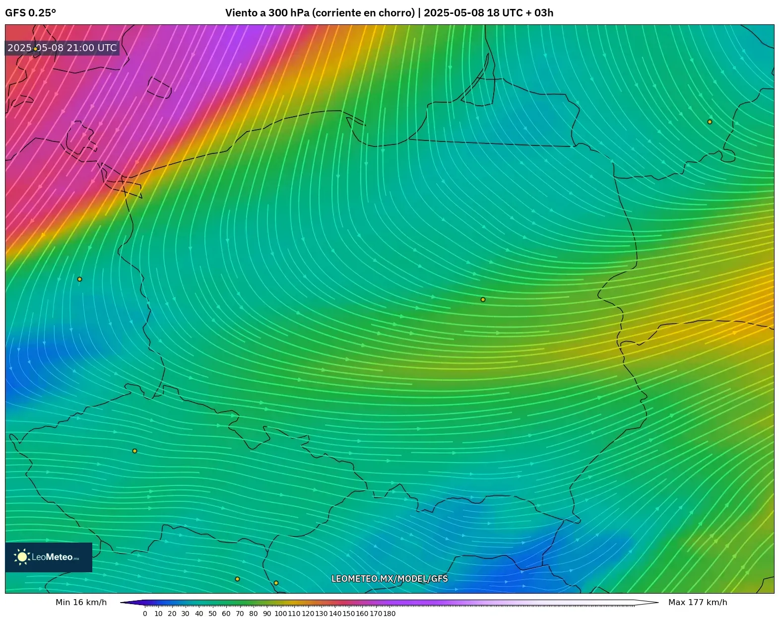 GFS - Polonia, Viento a 300 hPa (corriente en chorro) GFS - Polonia, Viento a 300 hPa (corriente en chorro)