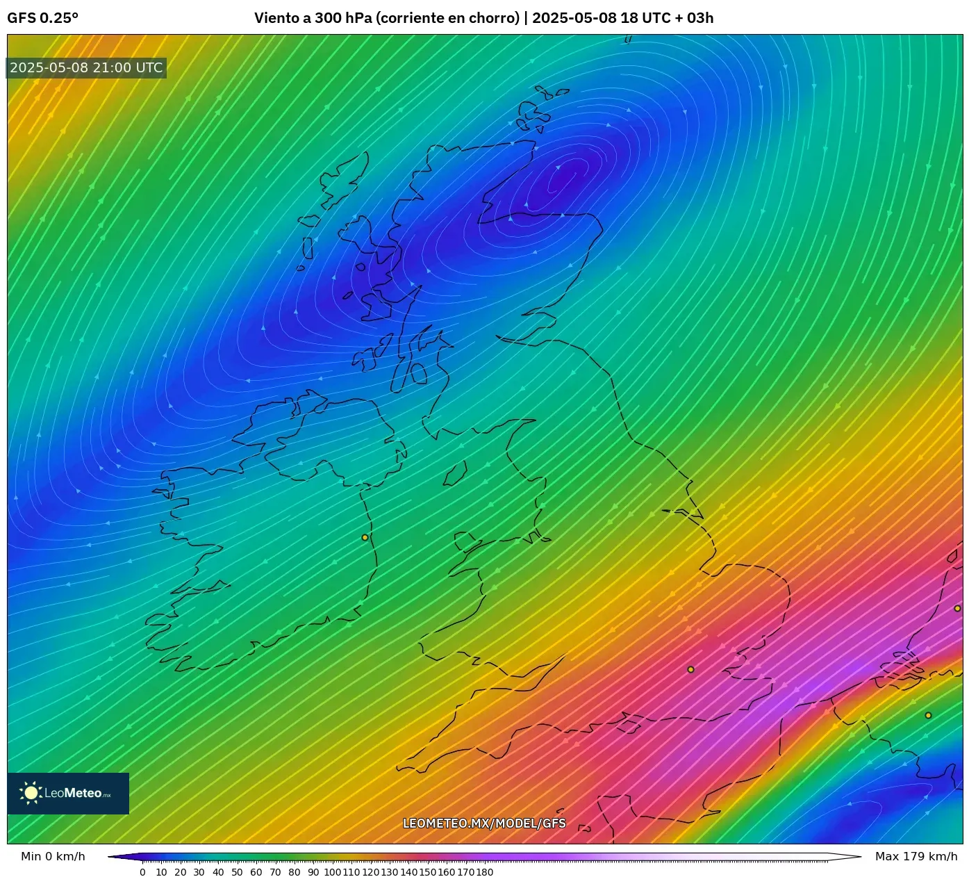 GFS - Reino Unido, Viento a 300 hPa (corriente en chorro) GFS - Reino Unido, Viento a 300 hPa (corriente en chorro)