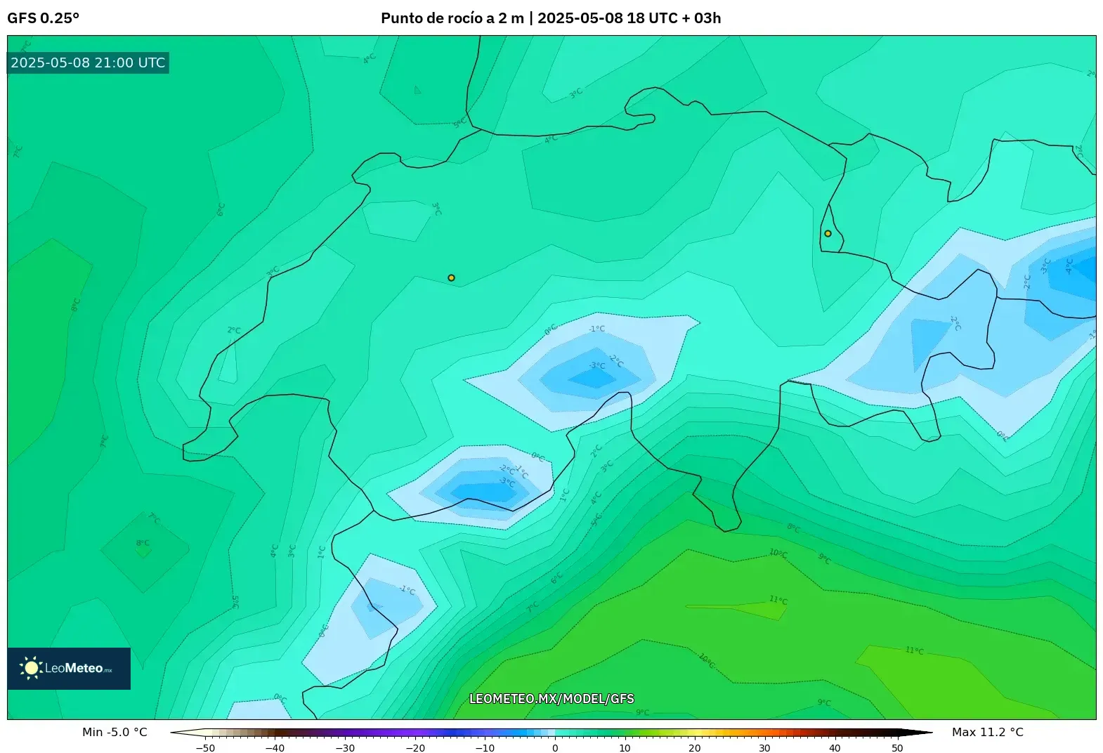 GFS - Suiza, Punto de rocío a 2 m GFS - Suiza, Punto de rocío a 2 m