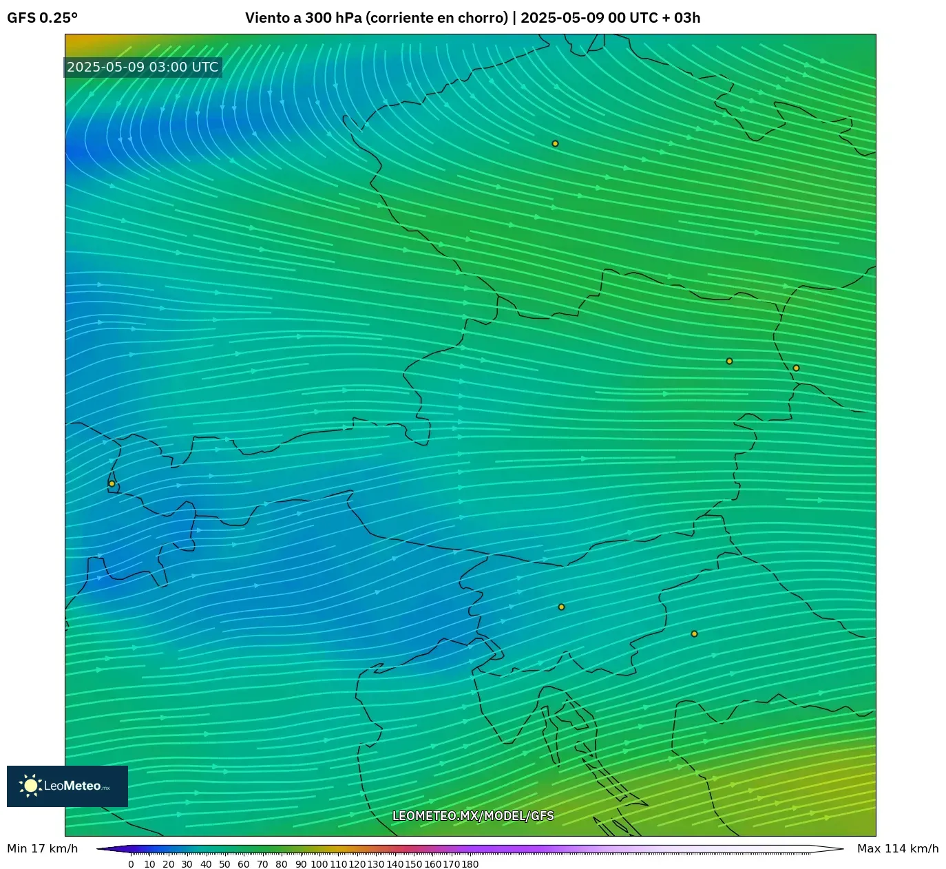 GFS - Austria, Viento a 300 hPa (corriente en chorro) GFS - Austria, Viento a 300 hPa (corriente en chorro)