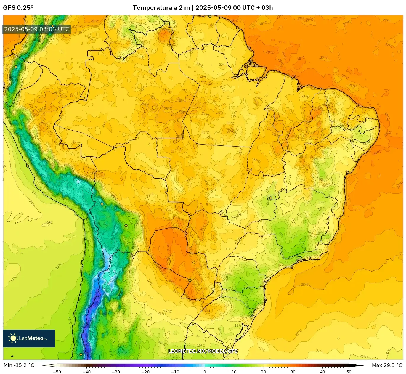 GFS - Brasil, Temperatura a 2 m GFS - Brasil, Temperatura a 2 m
