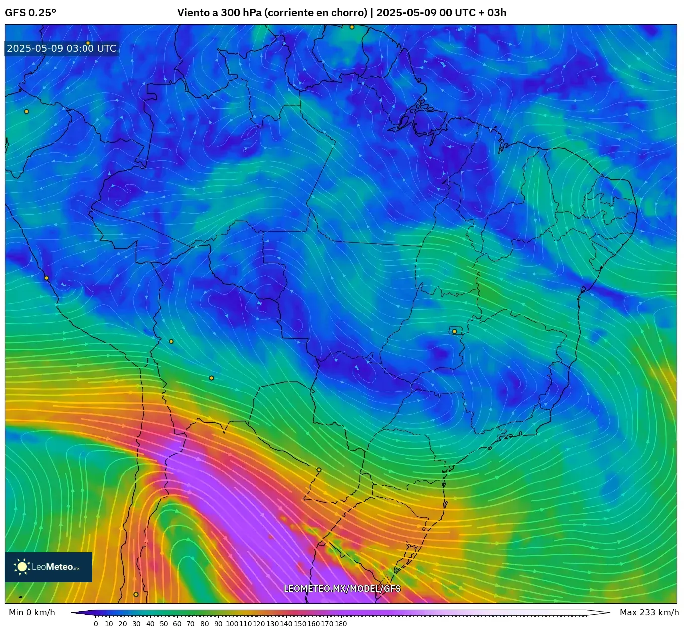 GFS - Brasil, Viento a 300 hPa (corriente en chorro) GFS - Brasil, Viento a 300 hPa (corriente en chorro)