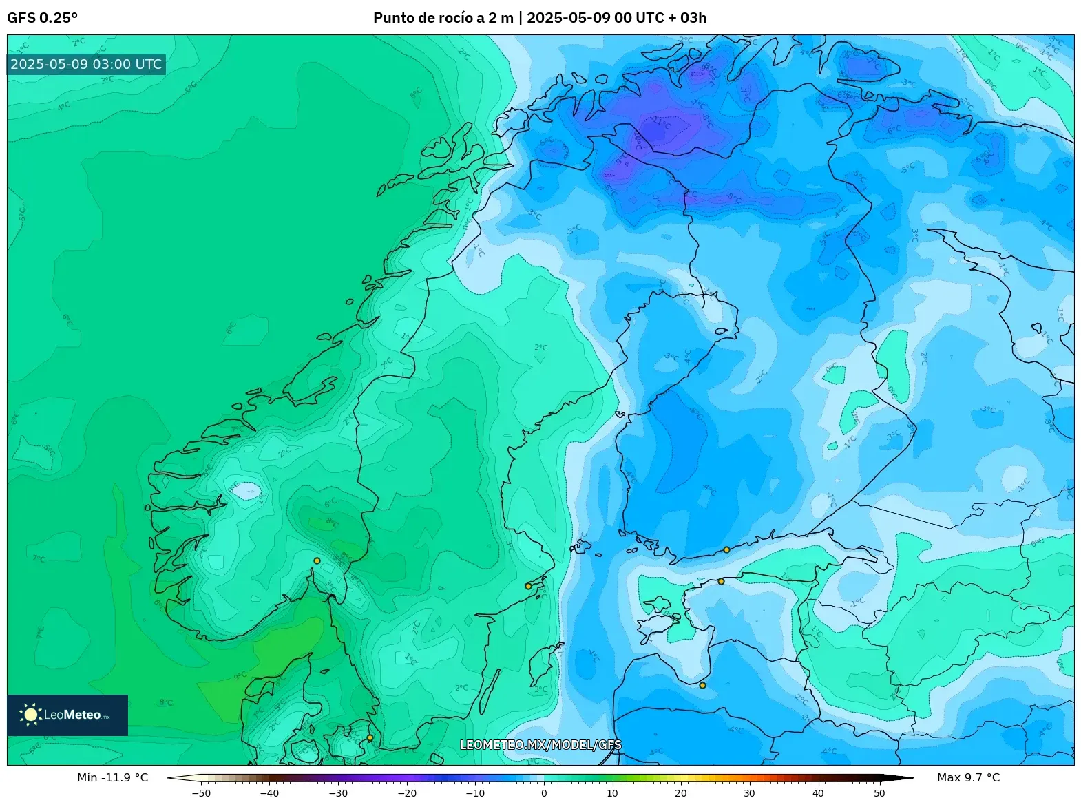 GFS - Escandinavia, Punto de rocío a 2 m GFS - Escandinavia, Punto de rocío a 2 m