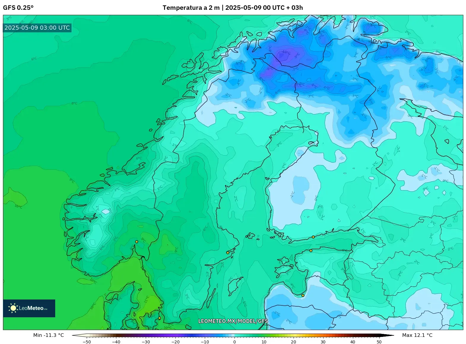 GFS - Escandinavia, Temperatura a 2 m GFS - Escandinavia, Temperatura a 2 m