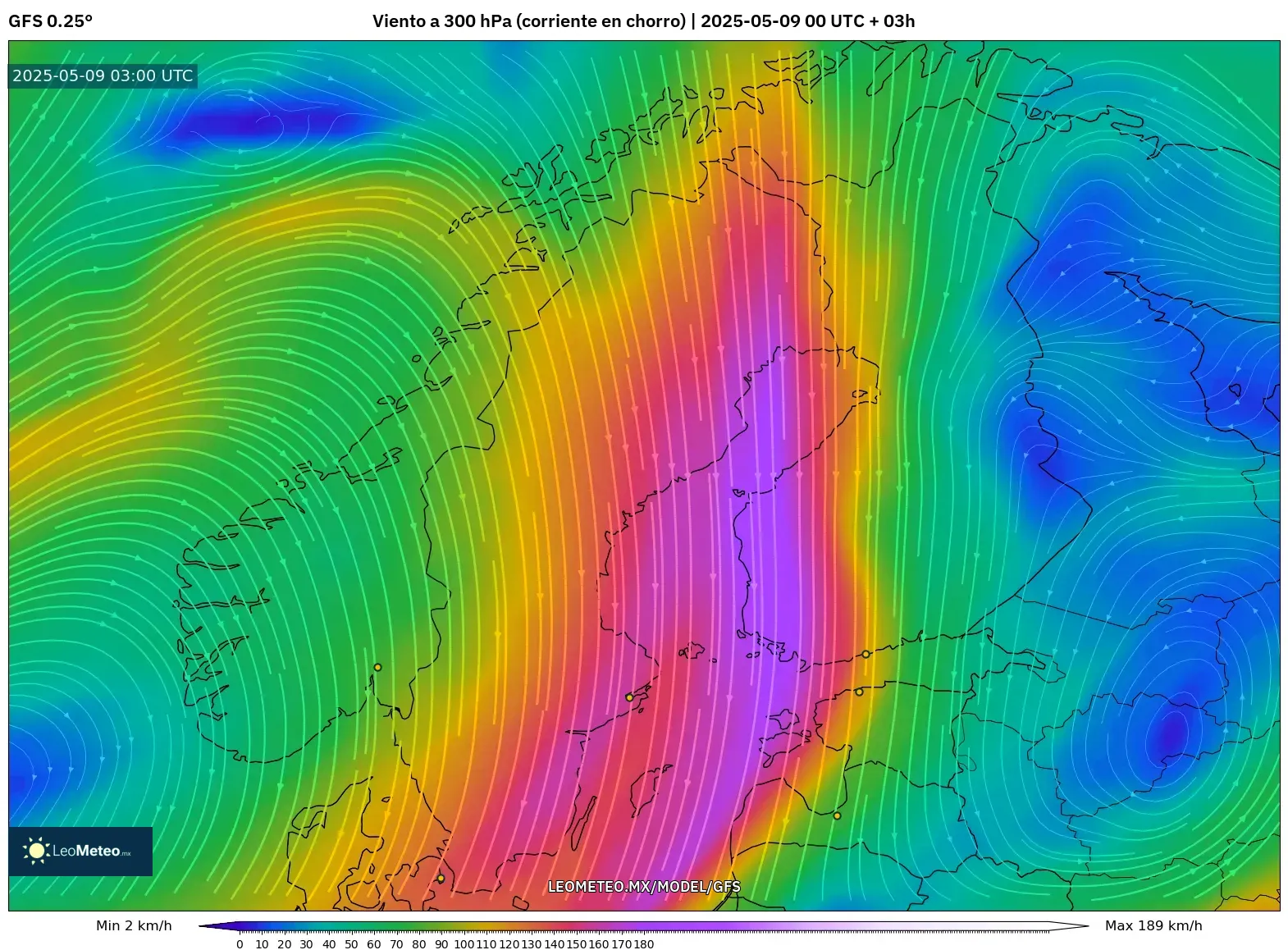 GFS - Escandinavia, Viento a 300 hPa (corriente en chorro) GFS - Escandinavia, Viento a 300 hPa (corriente en chorro)