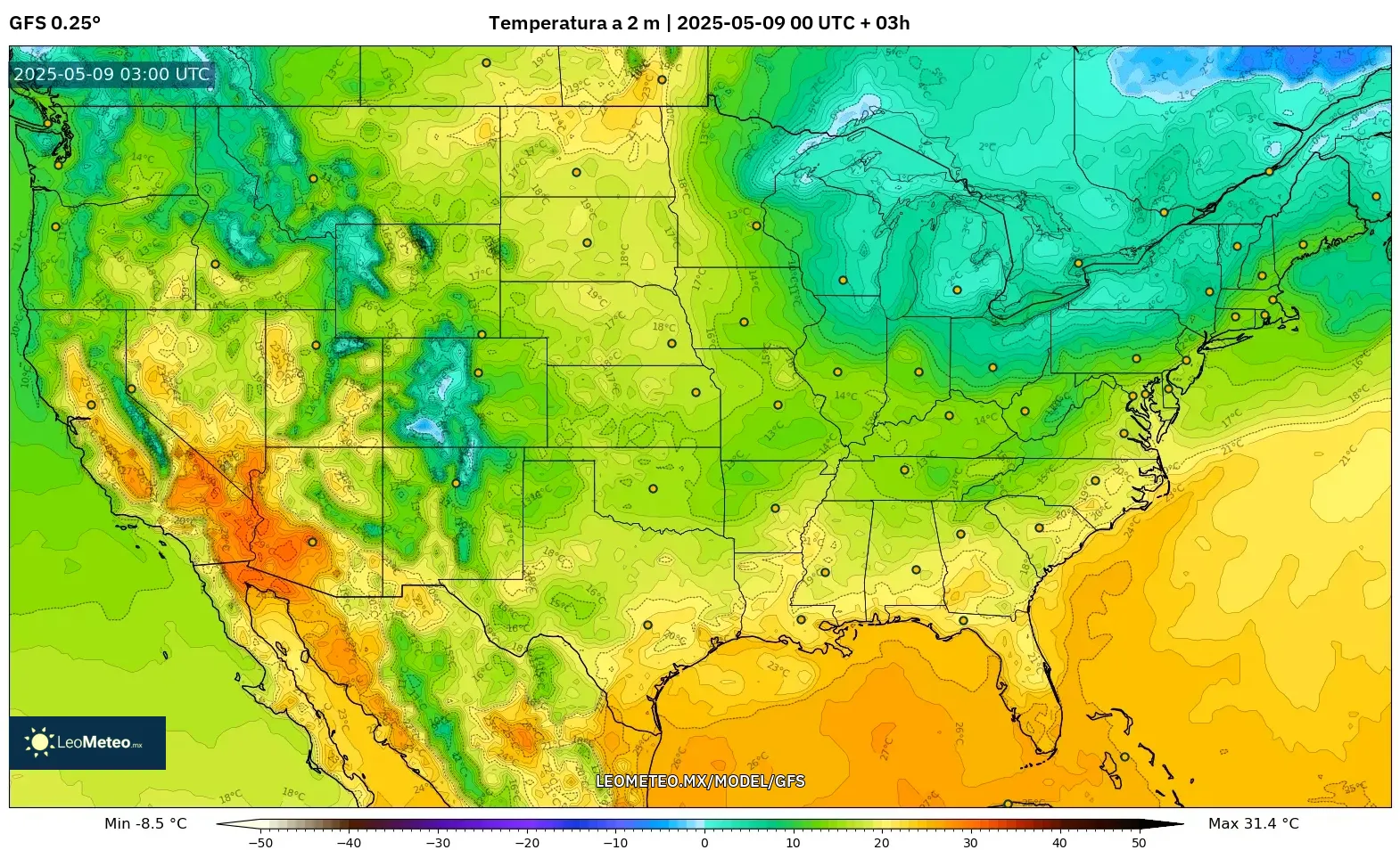 GFS - Estados Unidos, Temperatura a 2 m GFS - Estados Unidos, Temperatura a 2 m