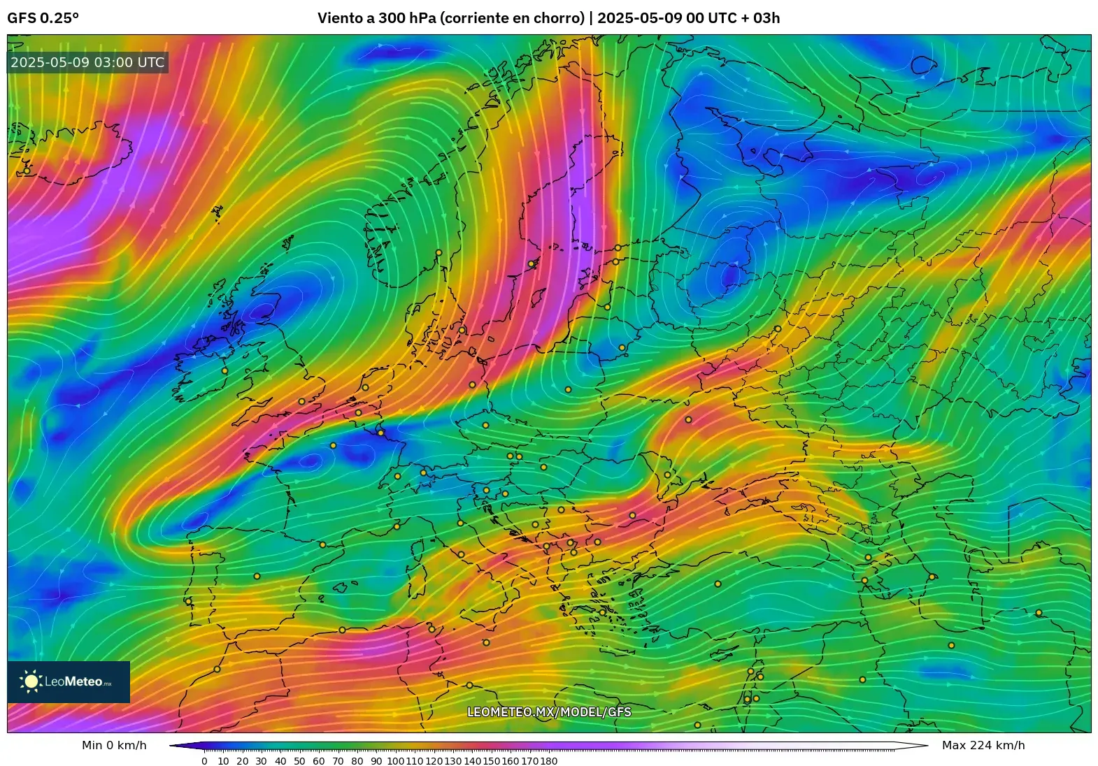 GFS - Europa, Viento a 300 hPa (corriente en chorro)