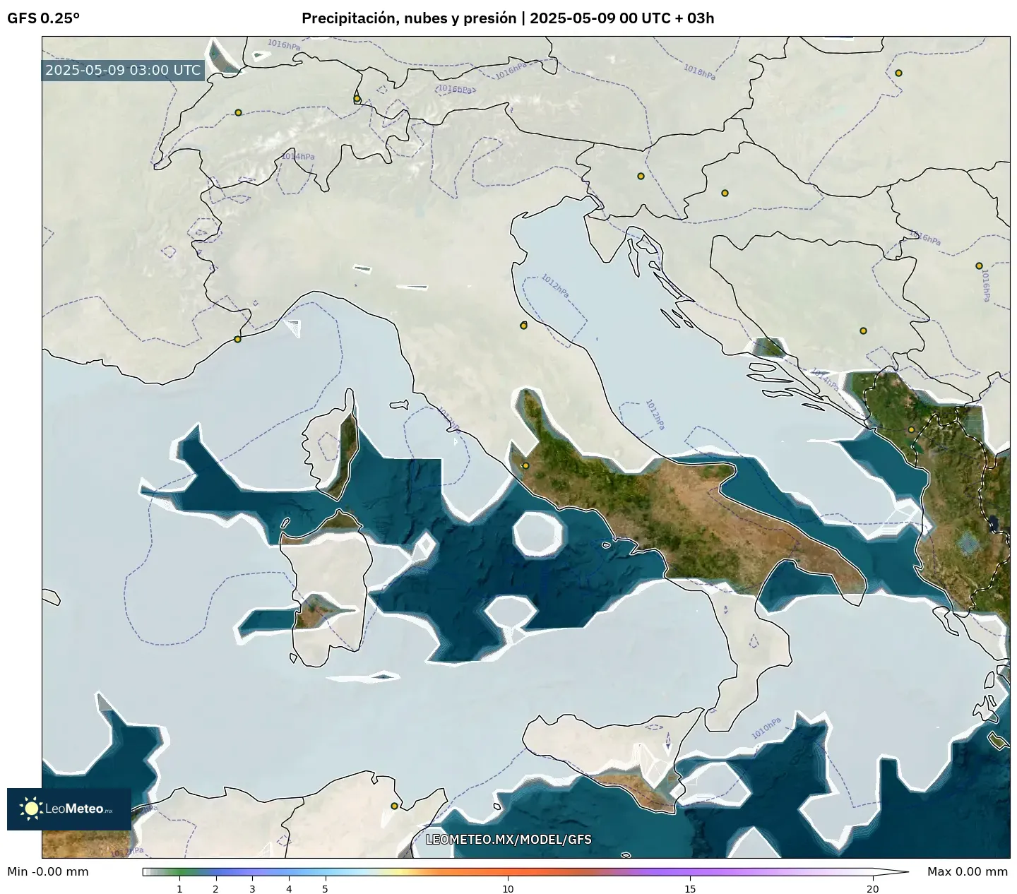 GFS - Italia, Precipitación, nubes y presión GFS - Italia, Precipitación, nubes y presión