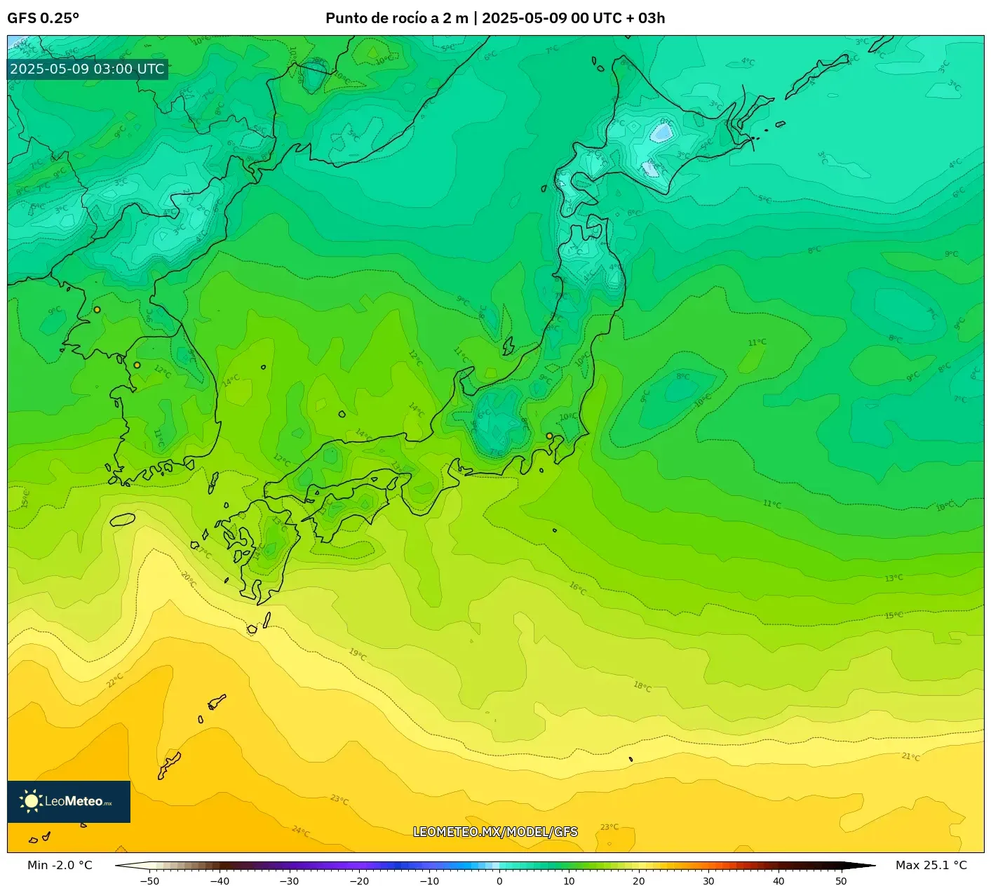GFS - Japón, Punto de rocío a 2 m GFS - Japón, Punto de rocío a 2 m