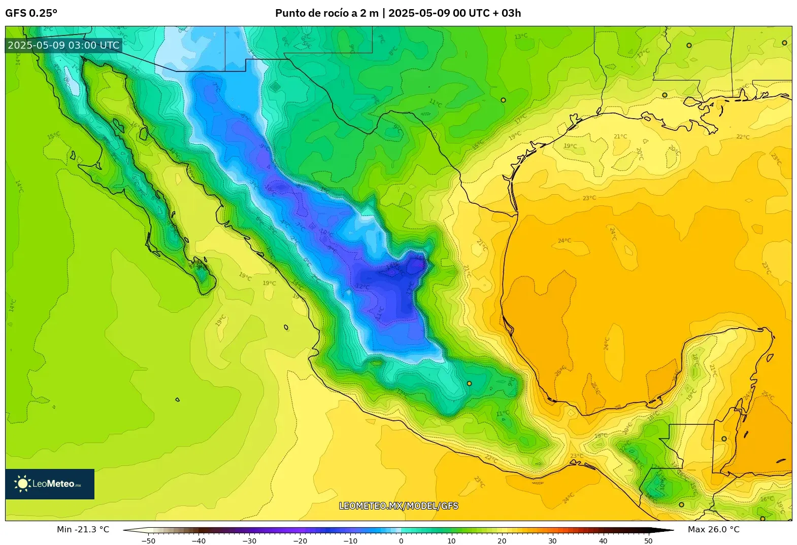 GFS - México, Punto de rocío a 2 m GFS - México, Punto de rocío a 2 m