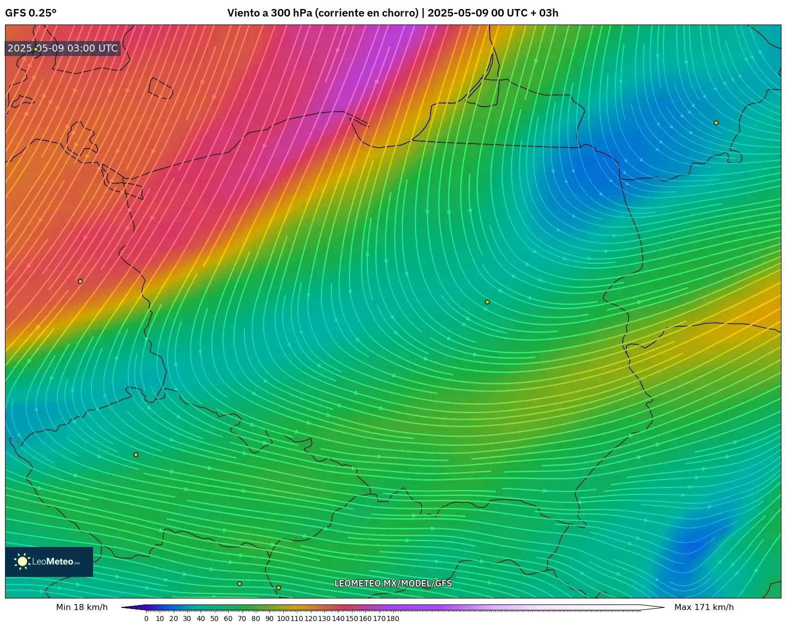 GFS - Polonia, Viento a 300 hPa (corriente en chorro) GFS - Polonia, Viento a 300 hPa (corriente en chorro)