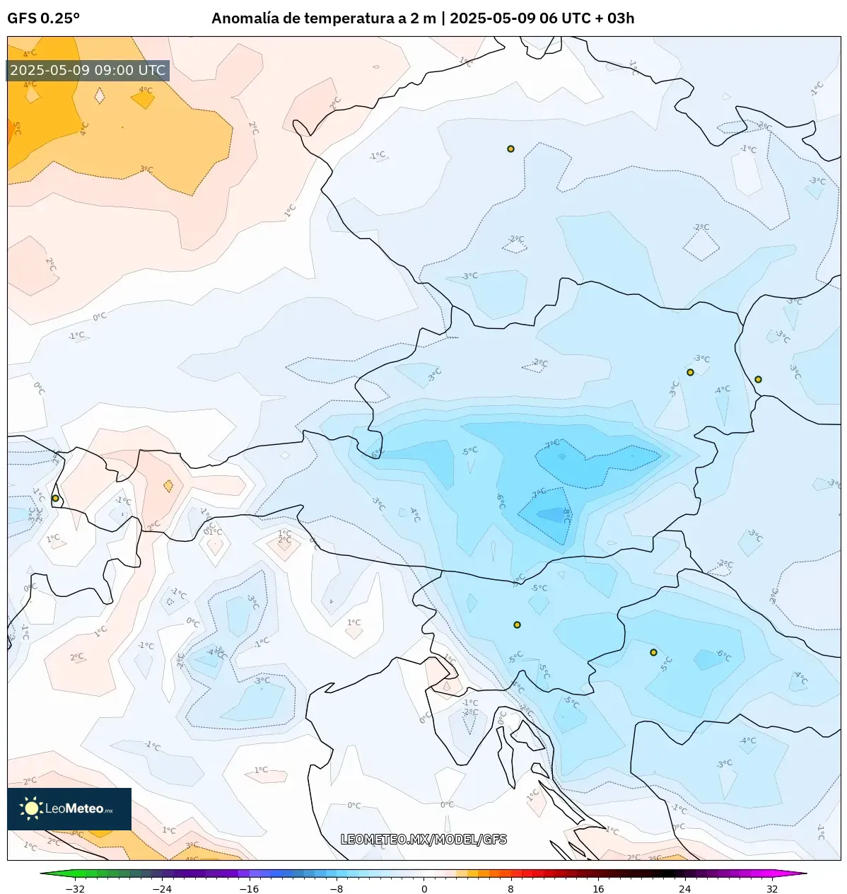 GFS - Austria, Anomalía de temperatura a 2 m GFS - Austria, Anomalía de temperatura a 2 m