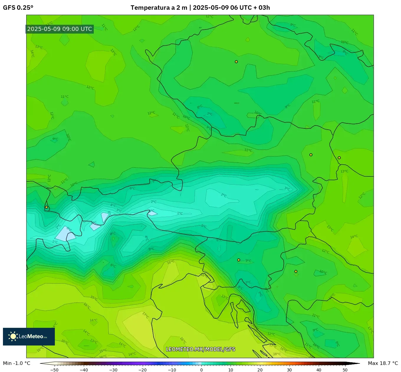 GFS - Austria, Temperatura a 2 m GFS - Austria, Temperatura a 2 m