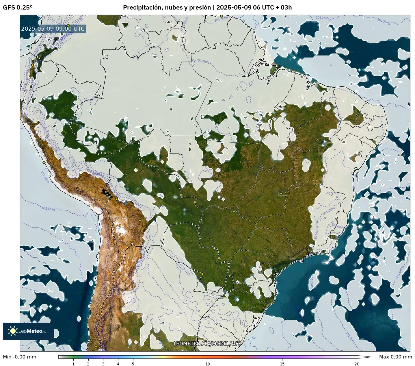 GFS - Brasil, Precipitación, nubes y presión GFS - Brasil, Precipitación, nubes y presión