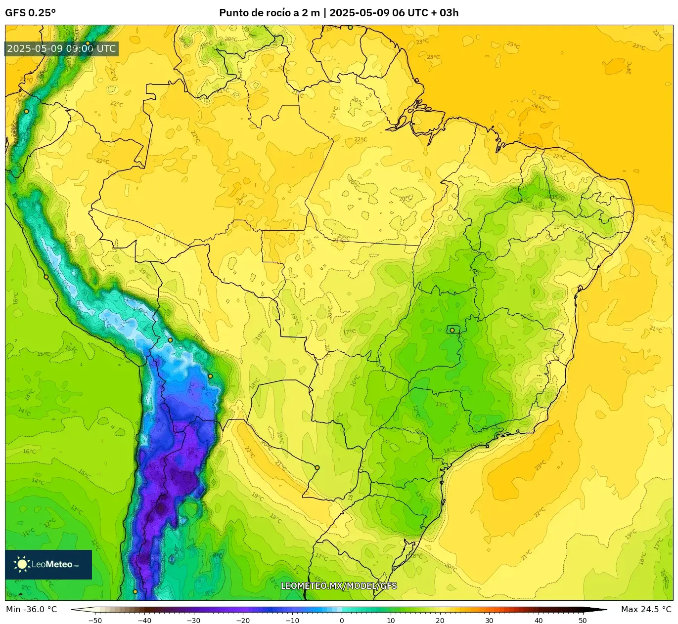 GFS - Brasil, Punto de rocío a 2 m GFS - Brasil, Punto de rocío a 2 m