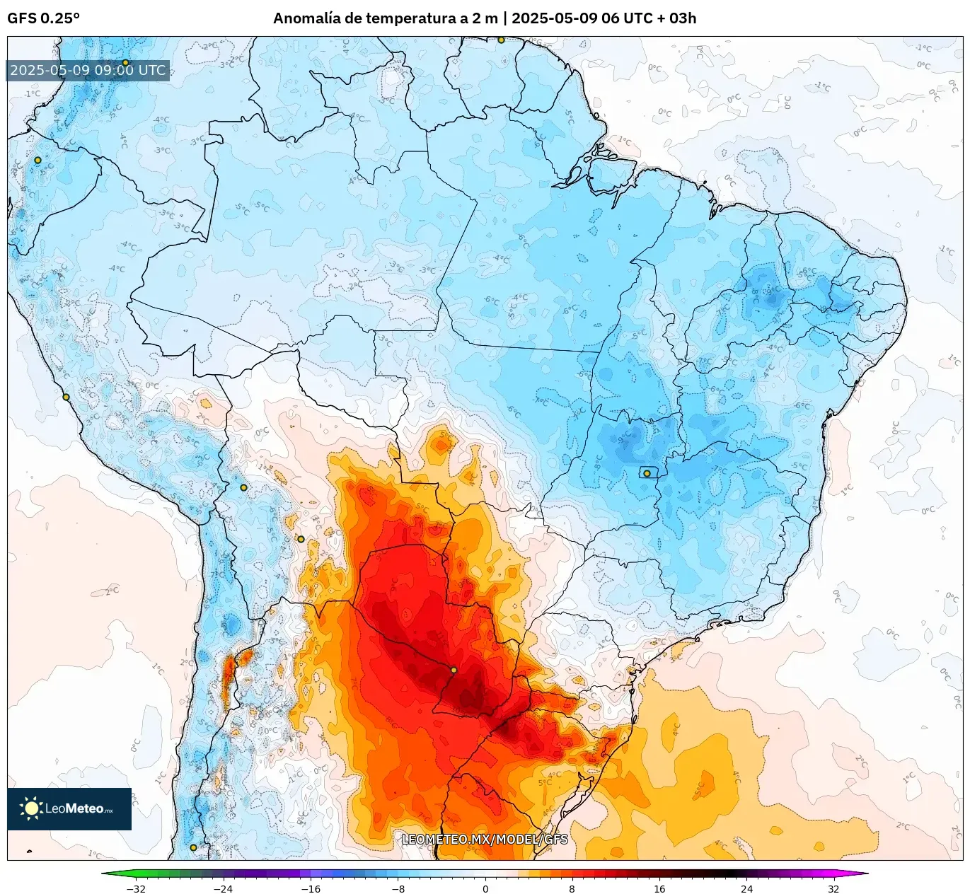 GFS - Brasil, Anomalía de temperatura a 2 m GFS - Brasil, Anomalía de temperatura a 2 m