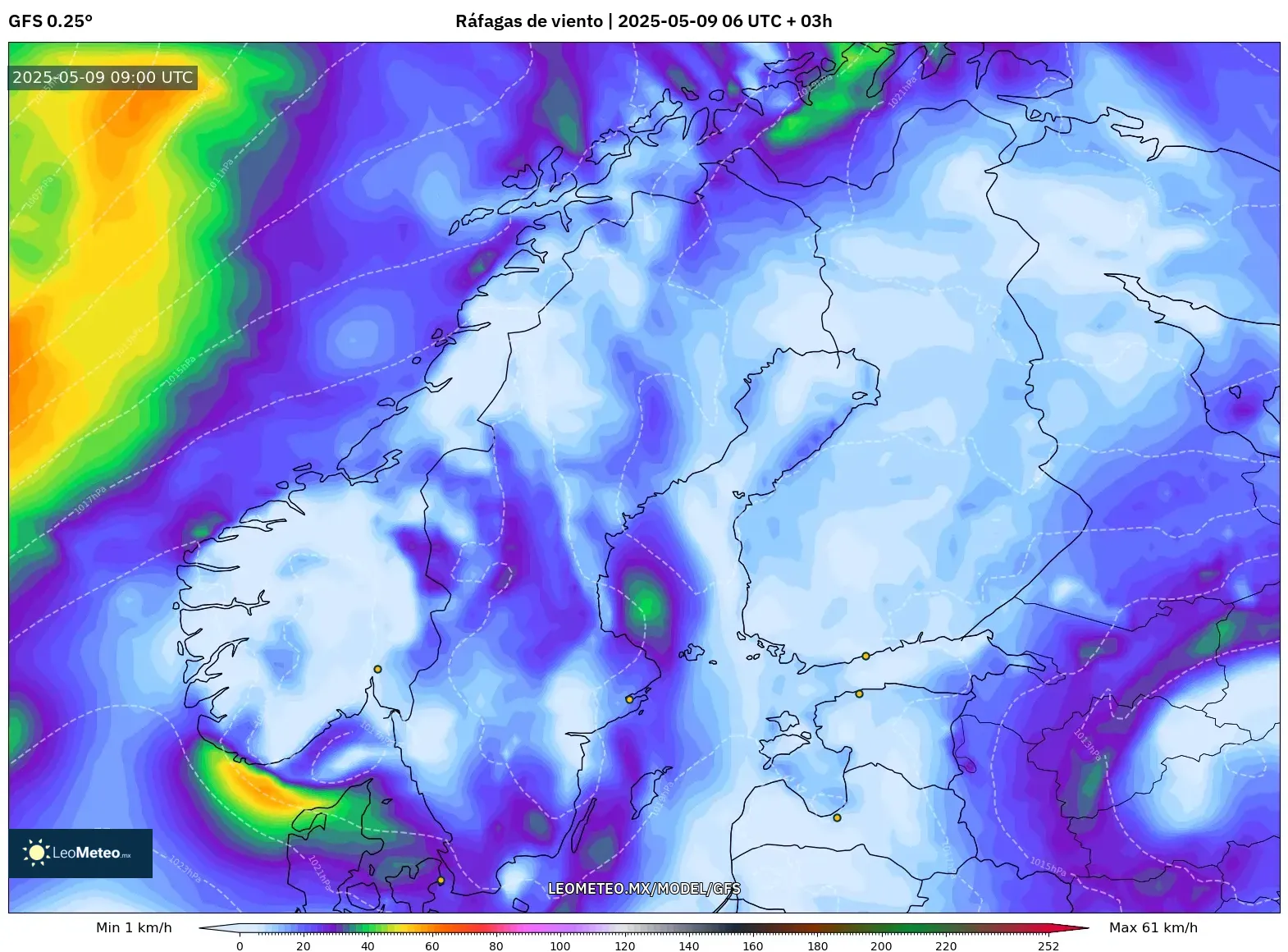 GFS - Escandinavia, Ráfagas de viento GFS - Escandinavia, Ráfagas de viento