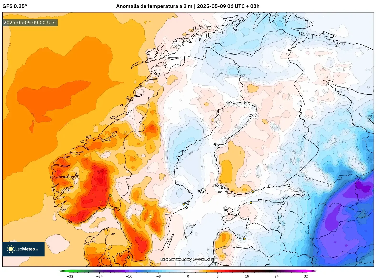 GFS - Escandinavia, Anomalía de temperatura a 2 m GFS - Escandinavia, Anomalía de temperatura a 2 m
