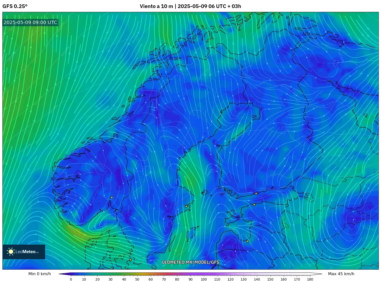 GFS - Escandinavia, Viento a 10 m GFS - Escandinavia, Viento a 10 m