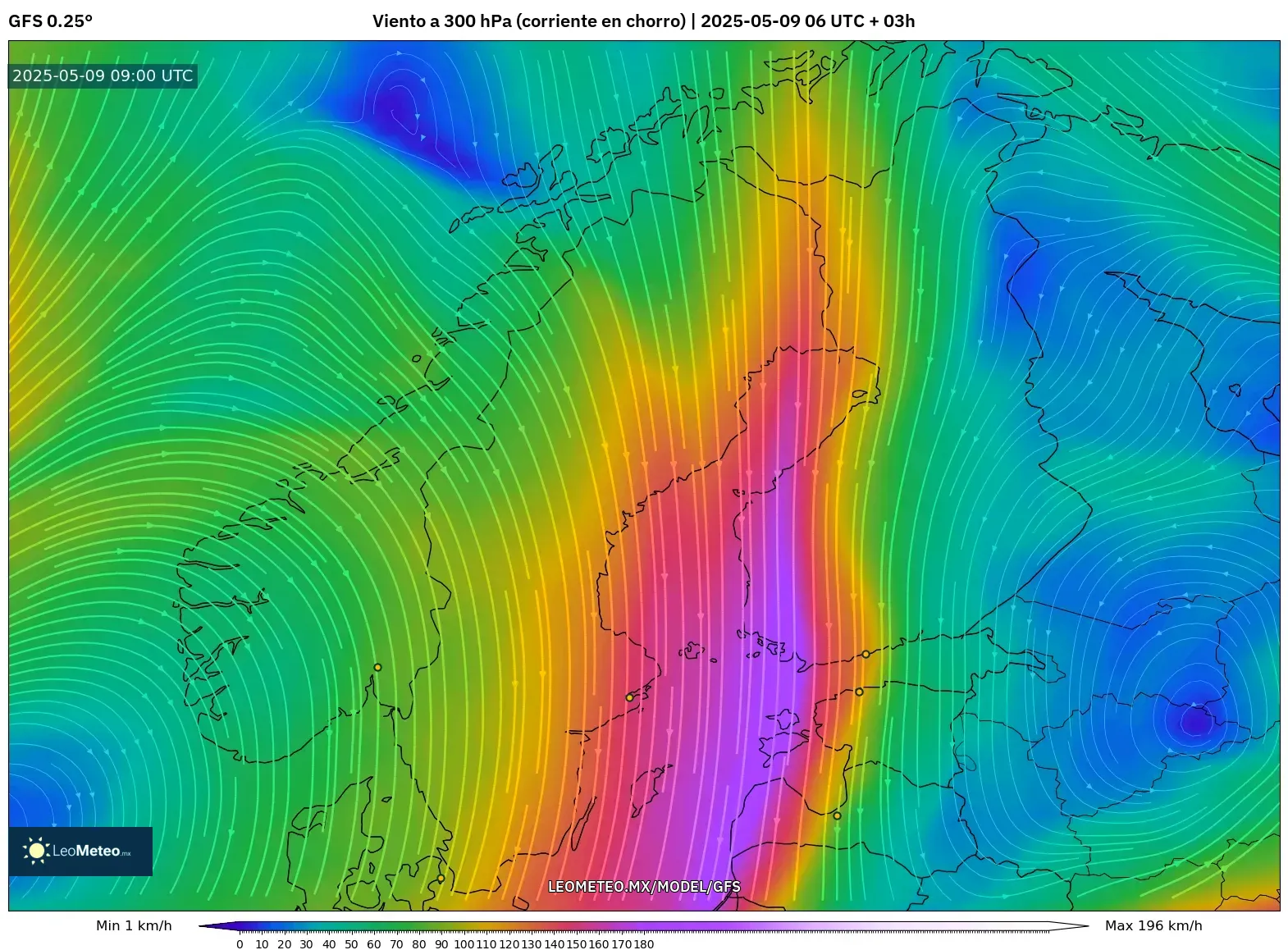 GFS - Escandinavia, Viento a 300 hPa (corriente en chorro) GFS - Escandinavia, Viento a 300 hPa (corriente en chorro)
