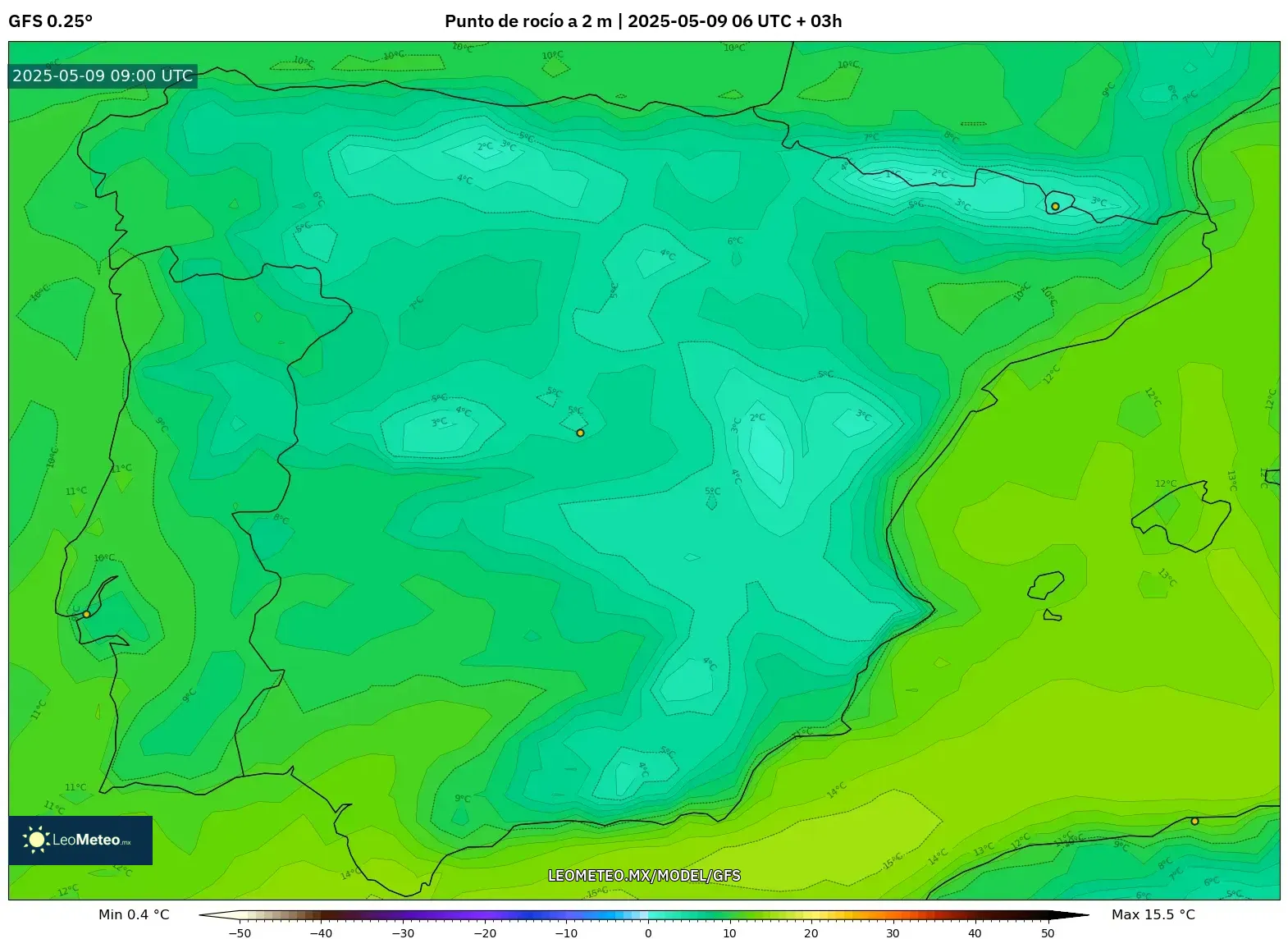 GFS - España, Punto de rocío a 2 m GFS - España, Punto de rocío a 2 m