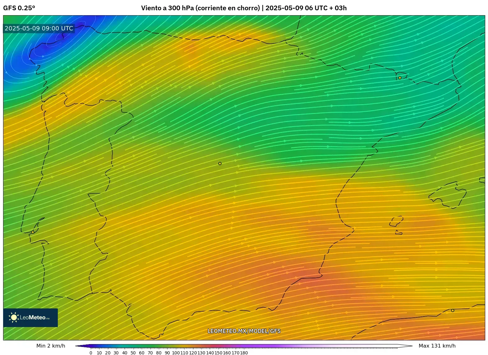 GFS - España, Viento a 300 hPa (corriente en chorro) GFS - España, Viento a 300 hPa (corriente en chorro)