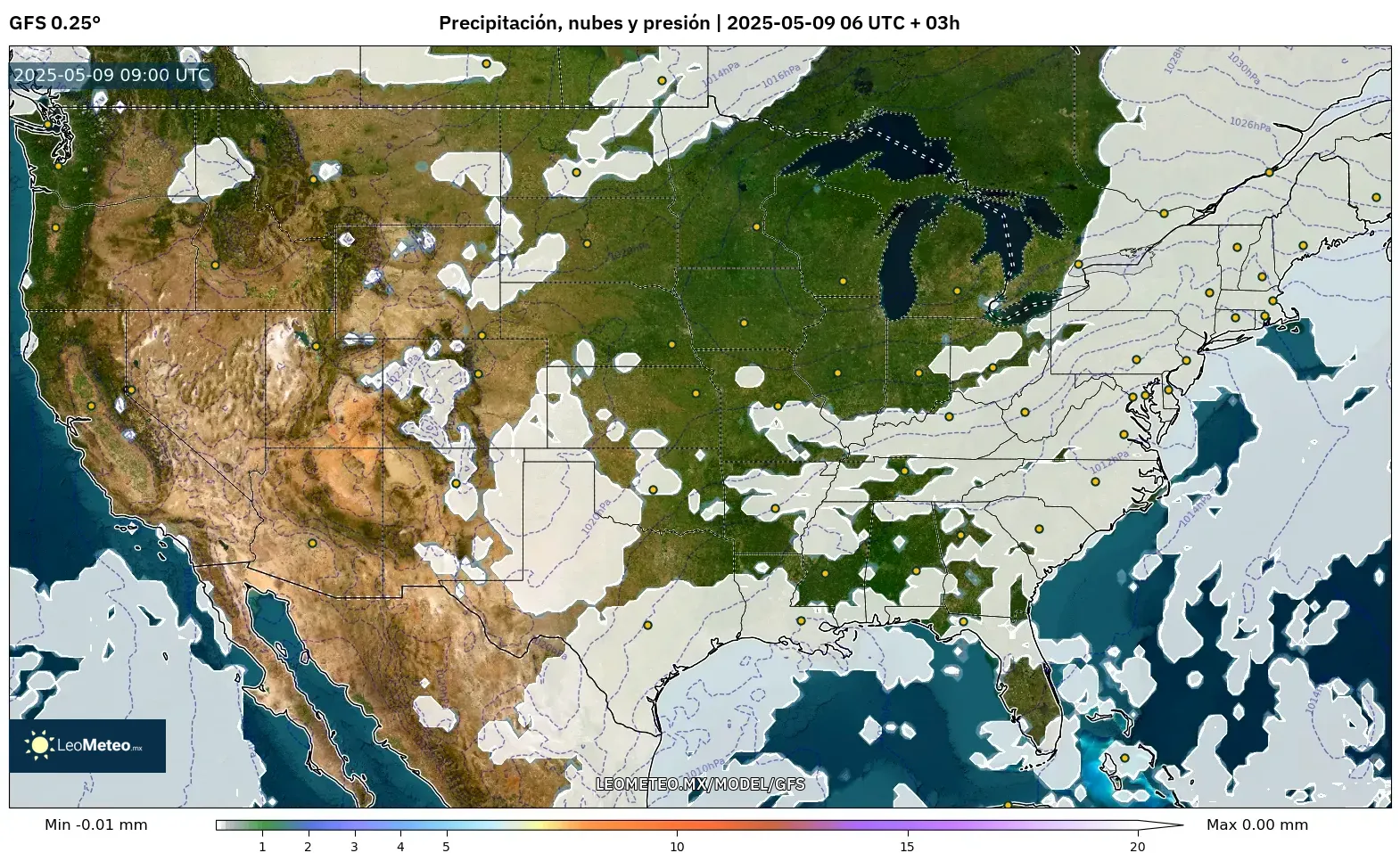 GFS - Estados Unidos, Precipitación, nubes y presión GFS - Estados Unidos, Precipitación, nubes y presión