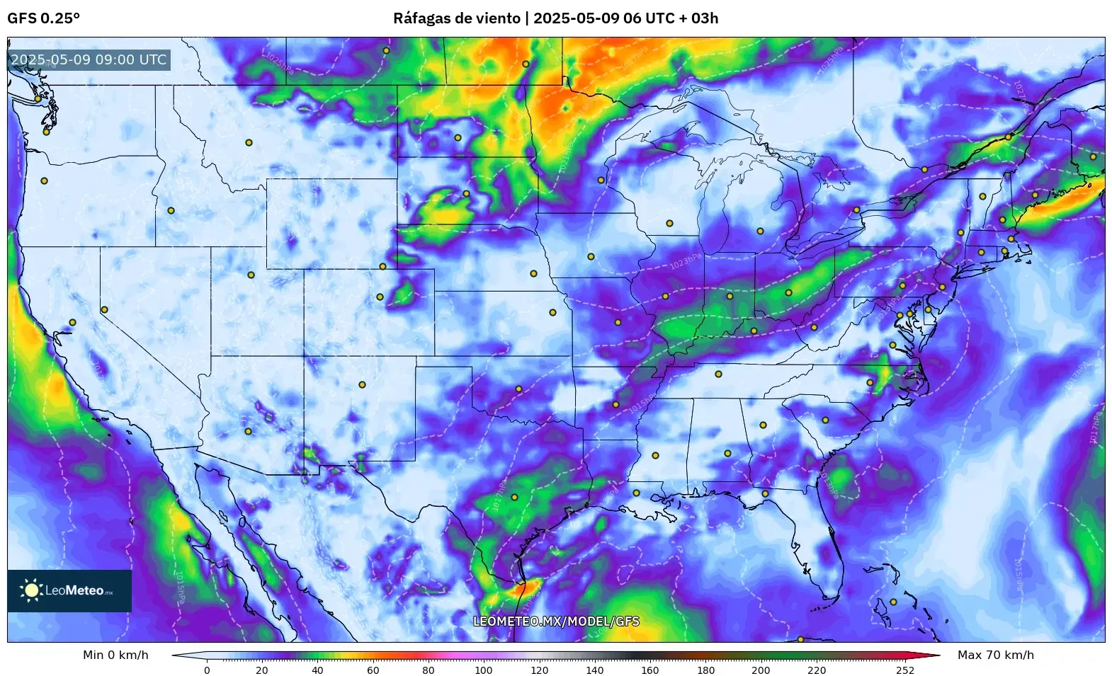 GFS - Estados Unidos, Ráfagas de viento GFS - Estados Unidos, Ráfagas de viento