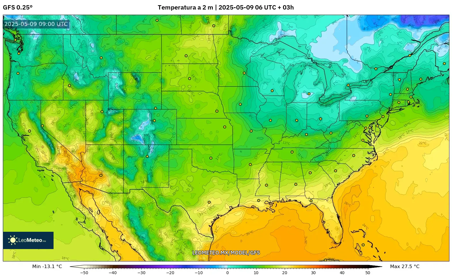 GFS - Estados Unidos, Temperatura a 2 m GFS - Estados Unidos, Temperatura a 2 m