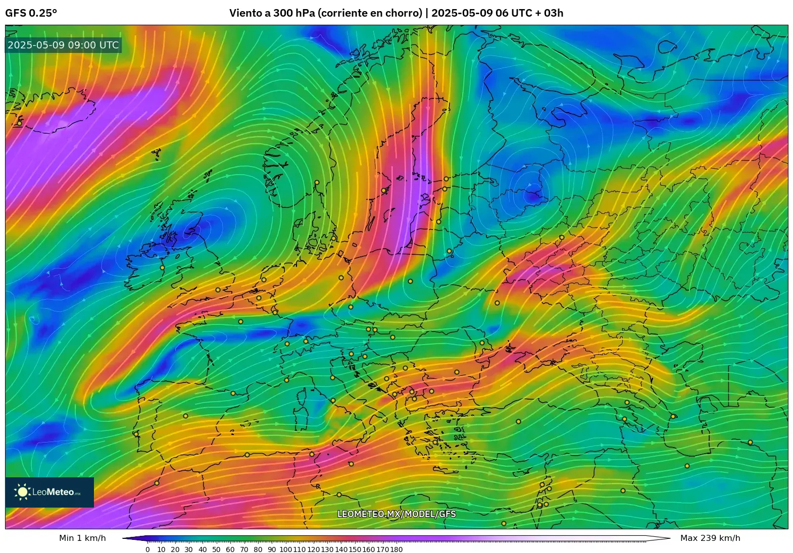 GFS - Europa, Viento a 300 hPa (corriente en chorro)