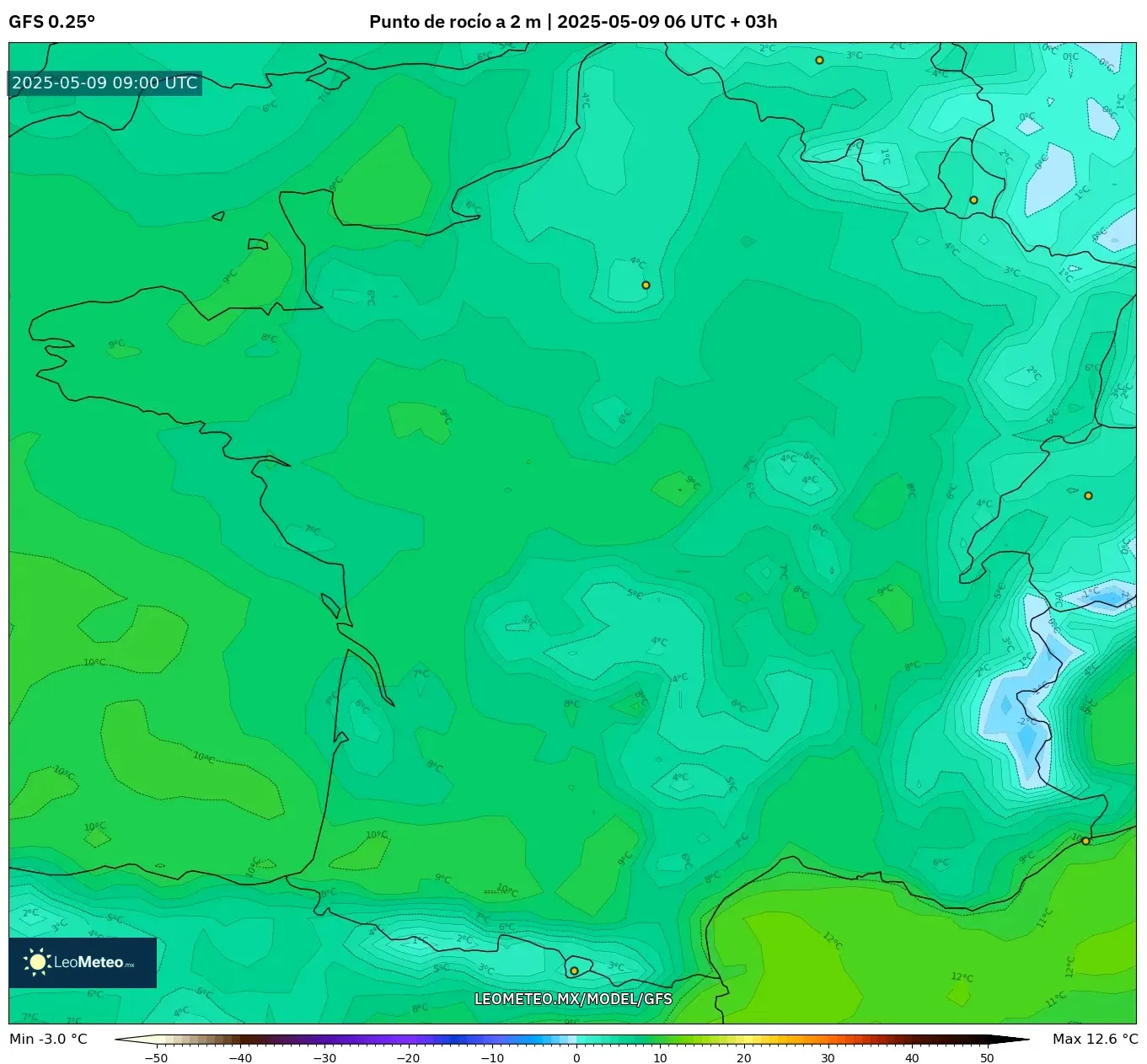 GFS - Francia, Punto de rocío a 2 m GFS - Francia, Punto de rocío a 2 m