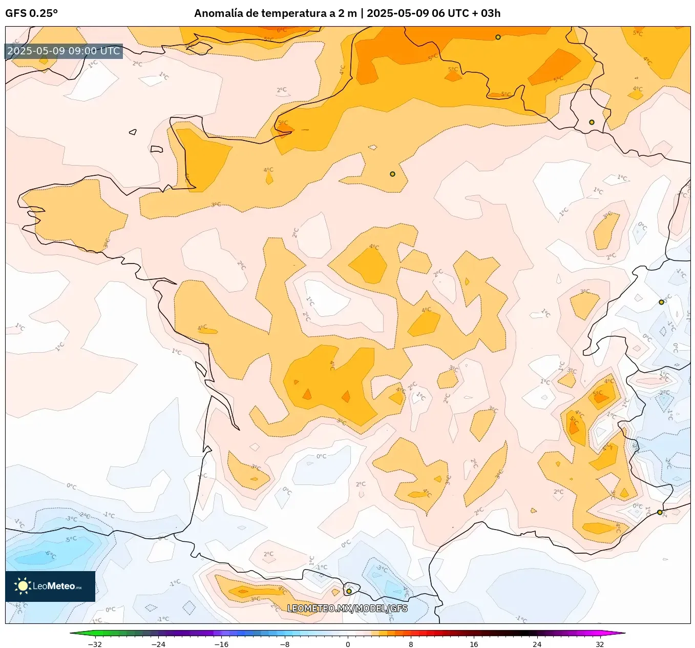 GFS - Francia, Anomalía de temperatura a 2 m GFS - Francia, Anomalía de temperatura a 2 m