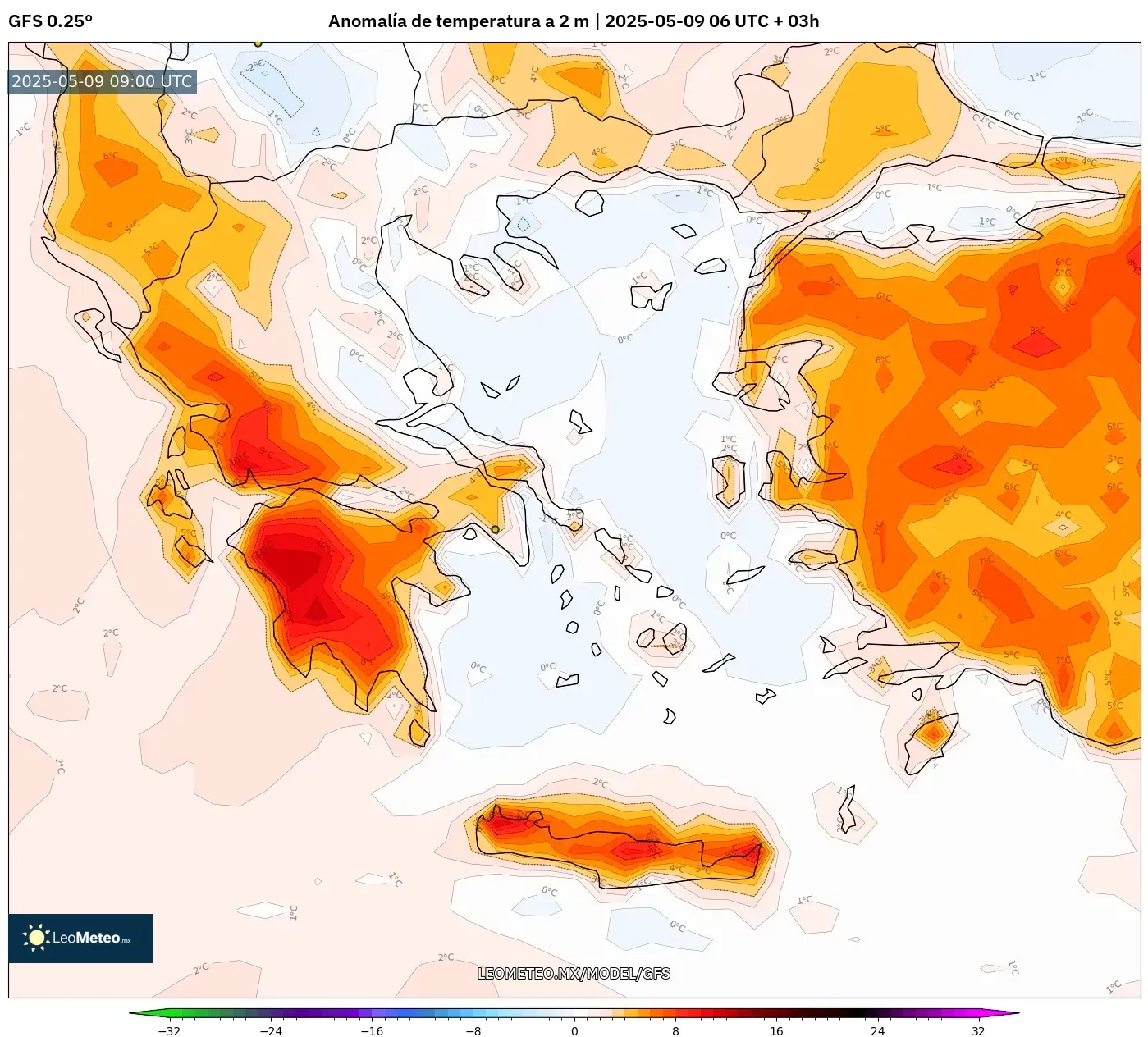 GFS - Grecia, Anomalía de temperatura a 2 m GFS - Grecia, Anomalía de temperatura a 2 m