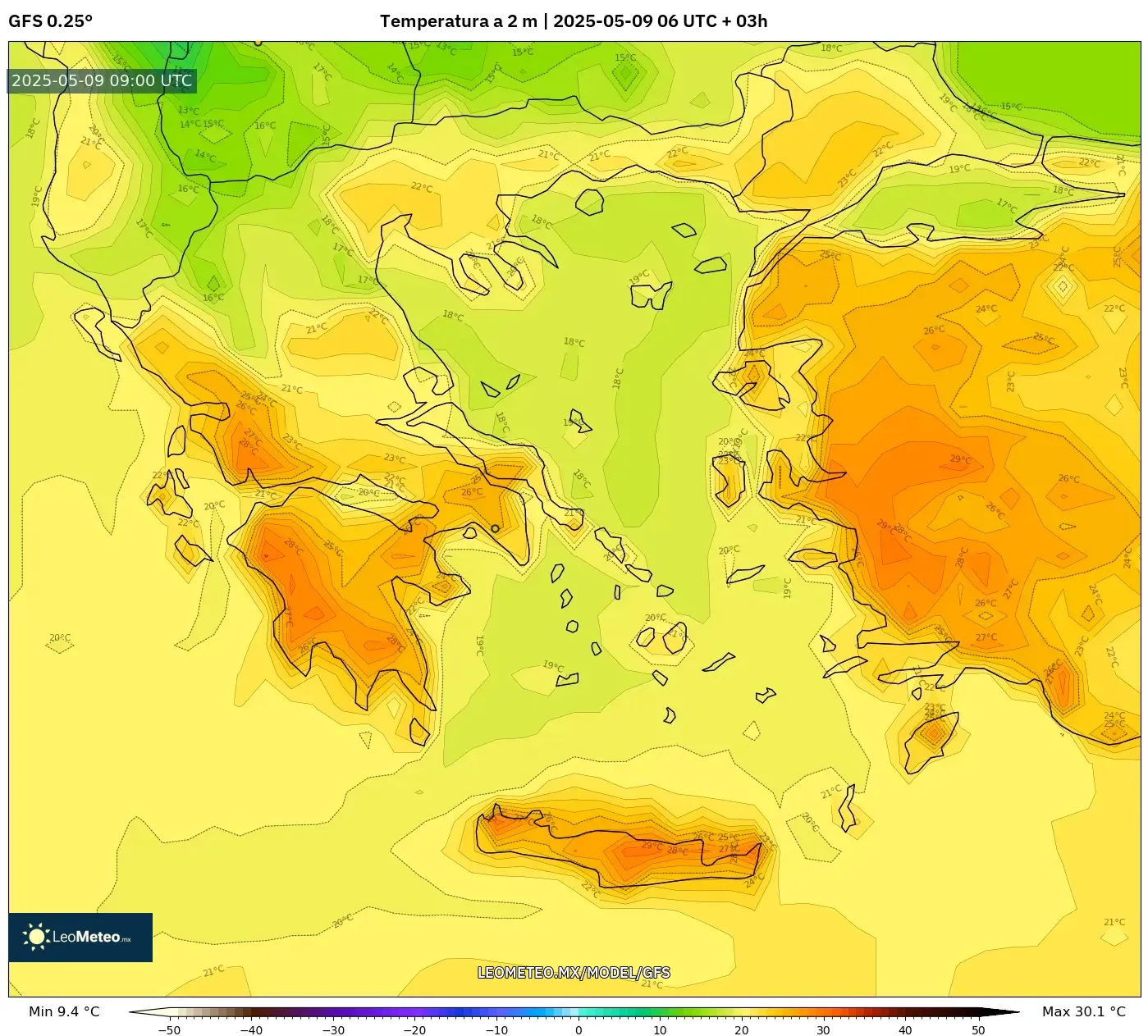 GFS - Grecia, Temperatura a 2 m GFS - Grecia, Temperatura a 2 m