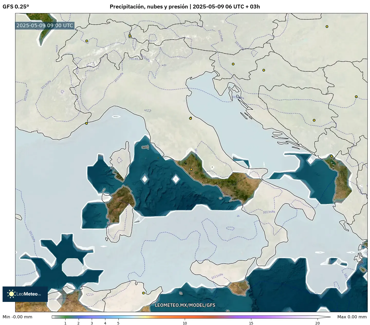 GFS - Italia, Precipitación, nubes y presión GFS - Italia, Precipitación, nubes y presión