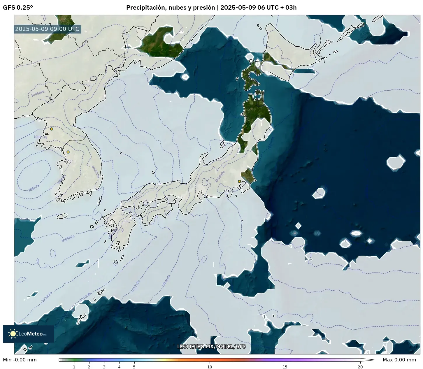 GFS - Japón, Precipitación, nubes y presión GFS - Japón, Precipitación, nubes y presión