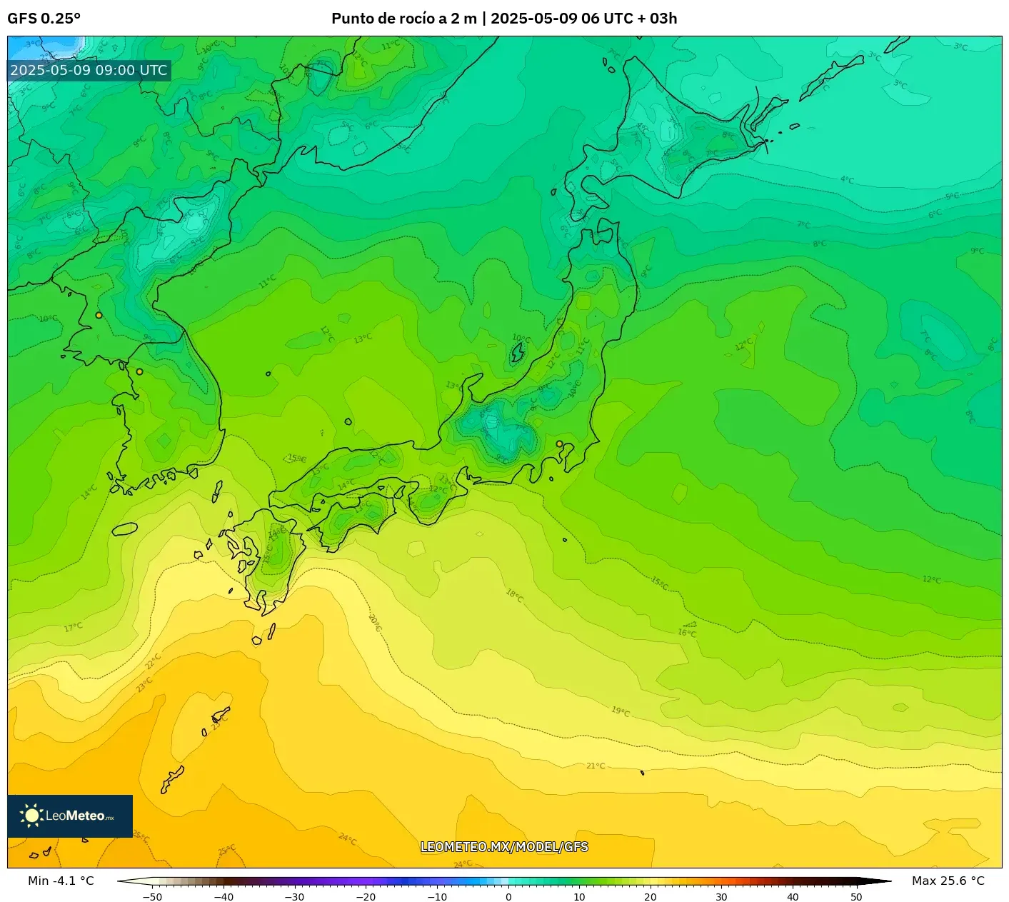 GFS - Japón, Punto de rocío a 2 m GFS - Japón, Punto de rocío a 2 m