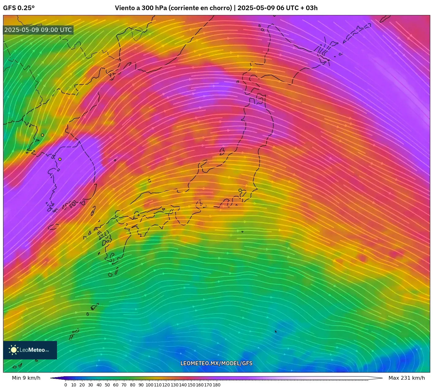 GFS - Japón, Viento a 300 hPa (corriente en chorro) GFS - Japón, Viento a 300 hPa (corriente en chorro)