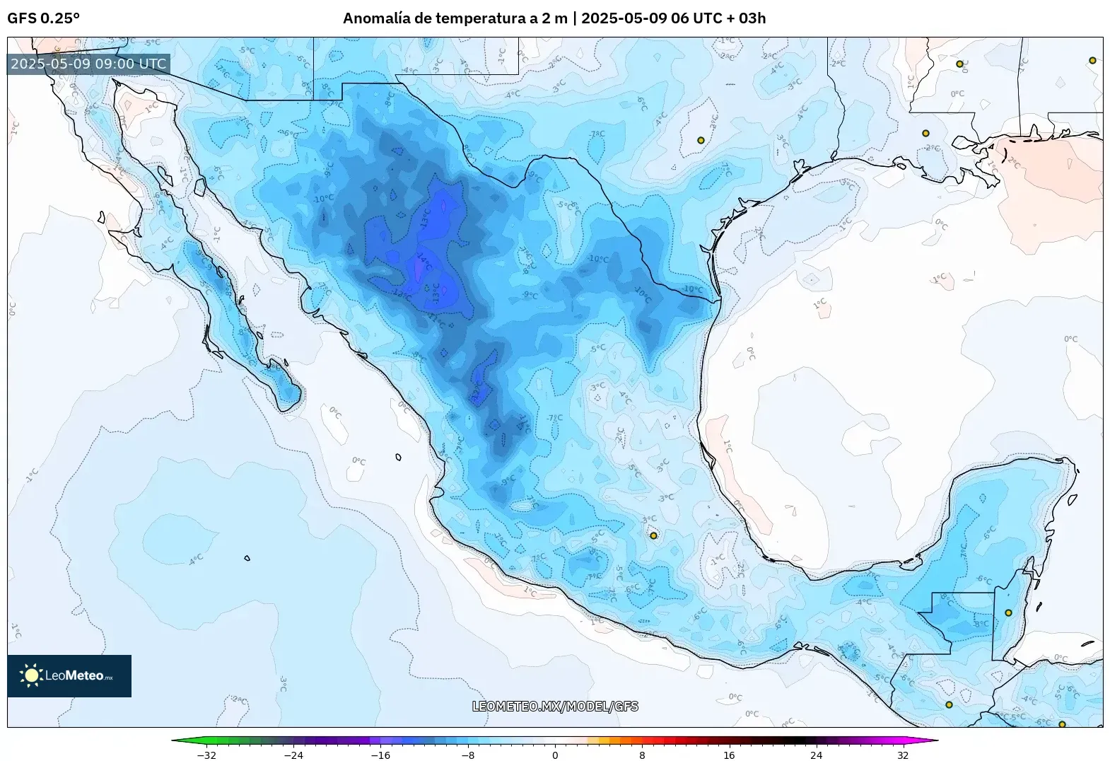GFS - México, Anomalía de temperatura a 2 m GFS - México, Anomalía de temperatura a 2 m
