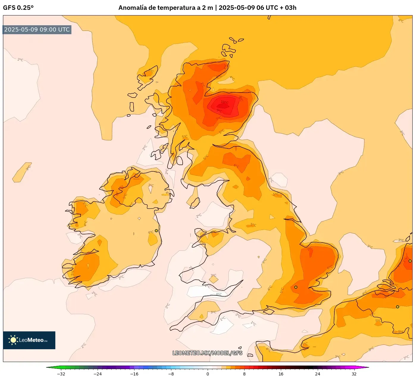 GFS - Reino Unido, Anomalía de temperatura a 2 m GFS - Reino Unido, Anomalía de temperatura a 2 m