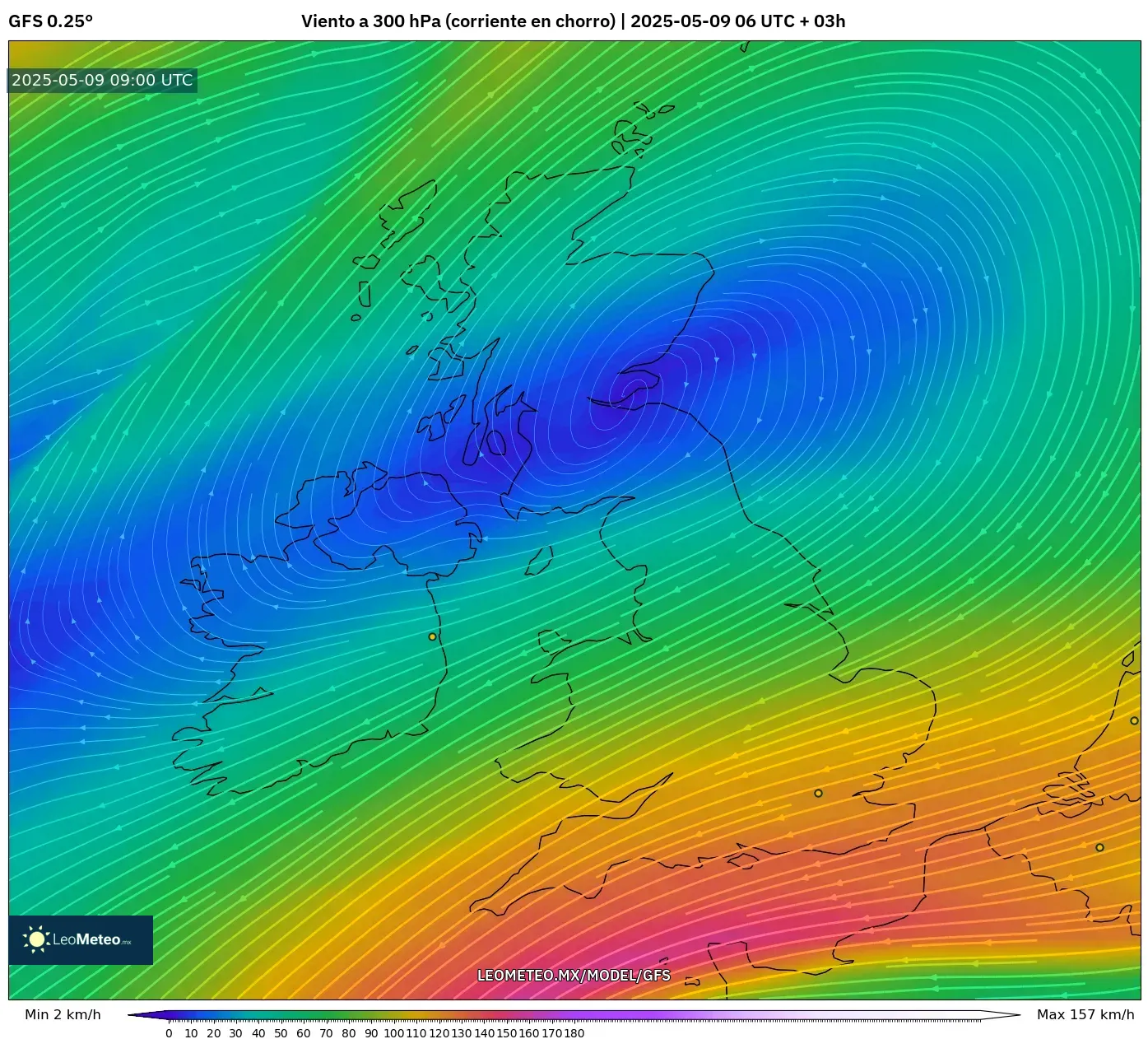 GFS - Reino Unido, Viento a 300 hPa (corriente en chorro) GFS - Reino Unido, Viento a 300 hPa (corriente en chorro)