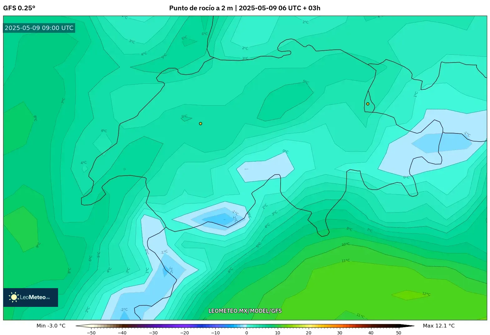 GFS - Suiza, Punto de rocío a 2 m GFS - Suiza, Punto de rocío a 2 m
