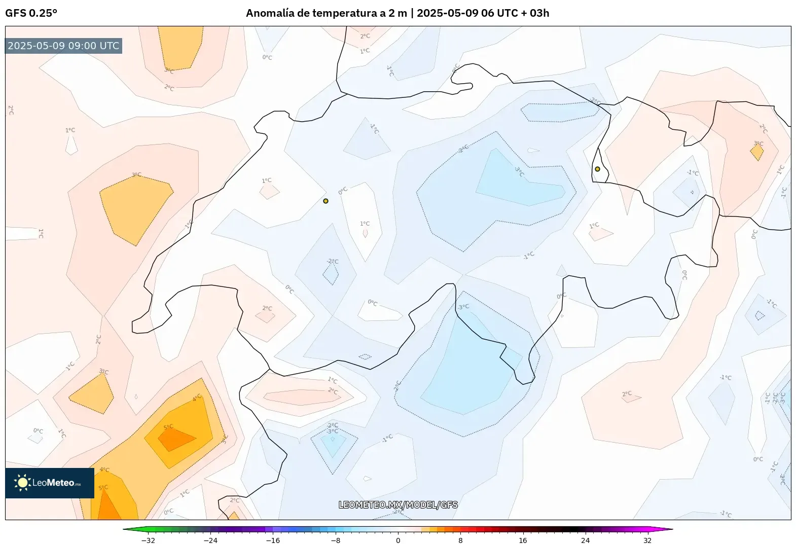 GFS - Suiza, Anomalía de temperatura a 2 m GFS - Suiza, Anomalía de temperatura a 2 m
