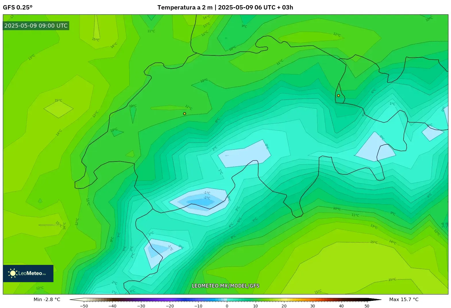 GFS - Suiza, Temperatura a 2 m GFS - Suiza, Temperatura a 2 m