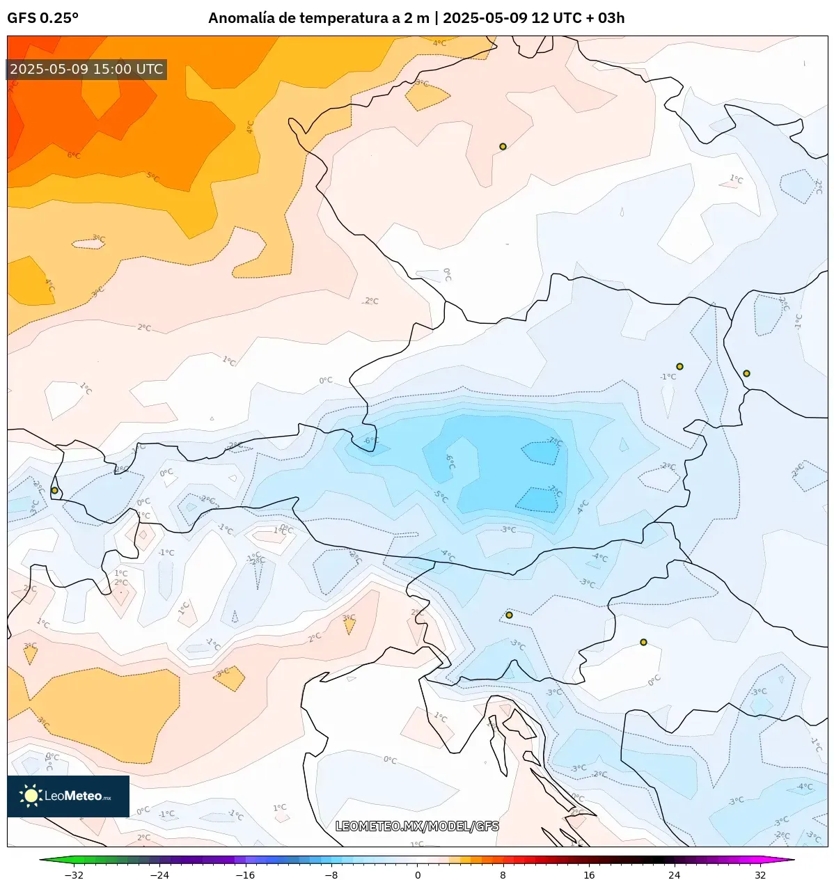 GFS - Austria, Anomalía de temperatura a 2 m GFS - Austria, Anomalía de temperatura a 2 m