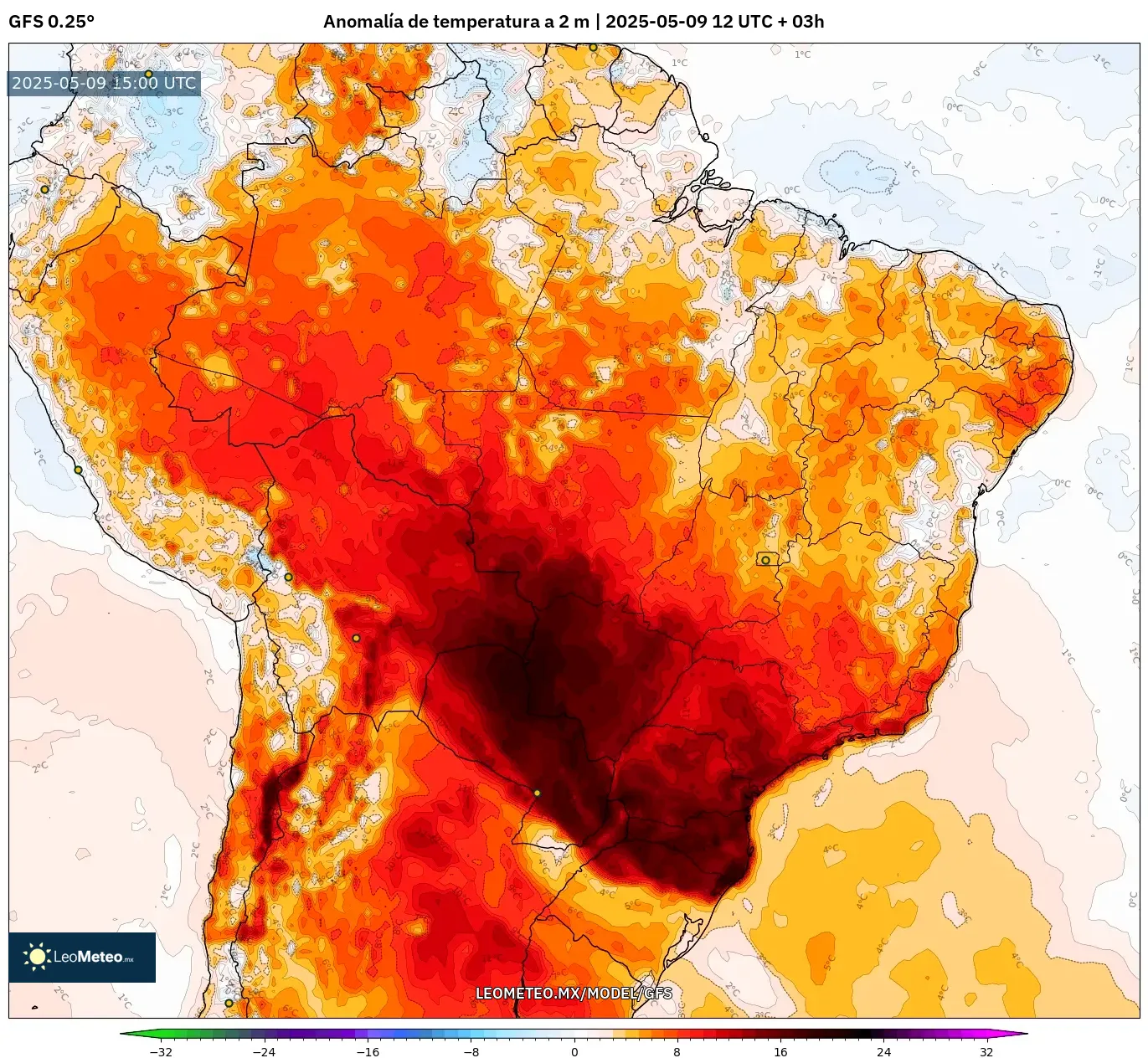 GFS - Brasil, Anomalía de temperatura a 2 m GFS - Brasil, Anomalía de temperatura a 2 m